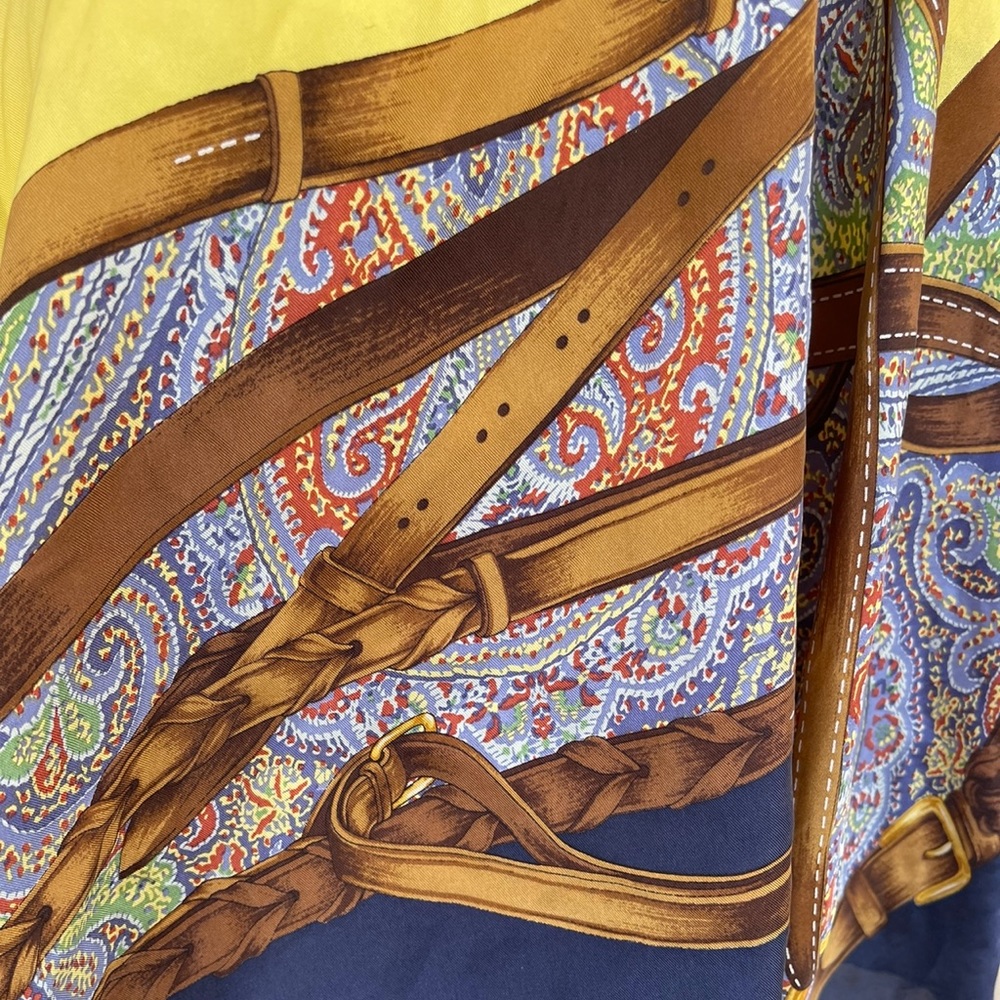 RALPH LAUREN Equestrian English Riding Theme Yellow Blue 100% Silk Poncho Scarf - Picture 10 of 11